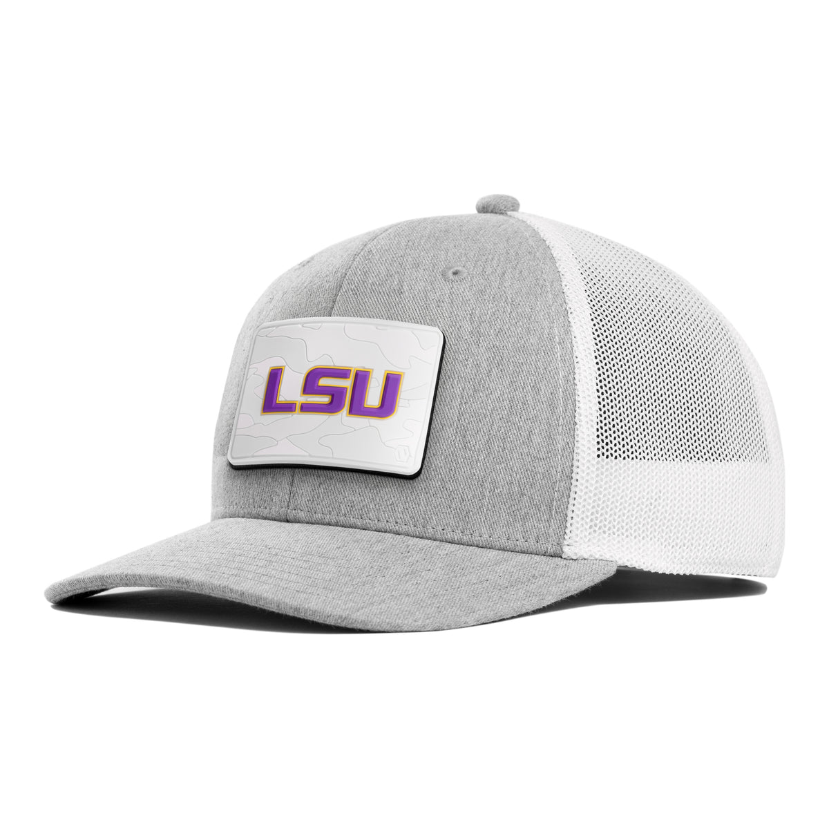 LSU Tigers Signature Snow Camo 3D PVC Hat Patch x INIT Comfort Flex Tech Stretch Hat - Grey Heather